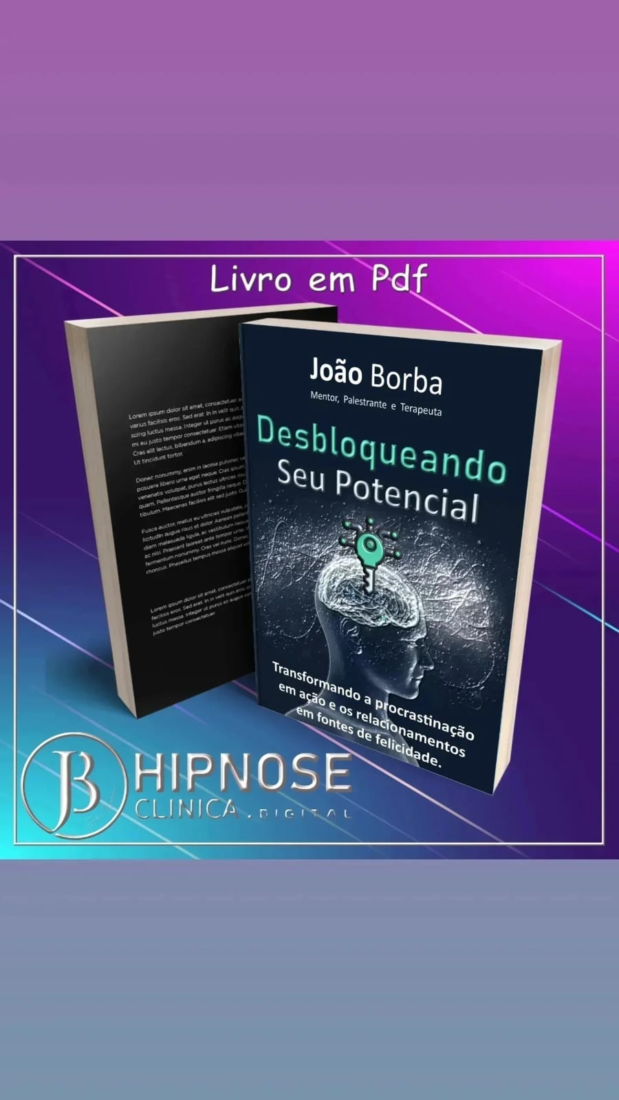 arte promocional de livro digital 3D com capa preta mostrando cabeça com chave e cérebro, fundo roxo e azul de