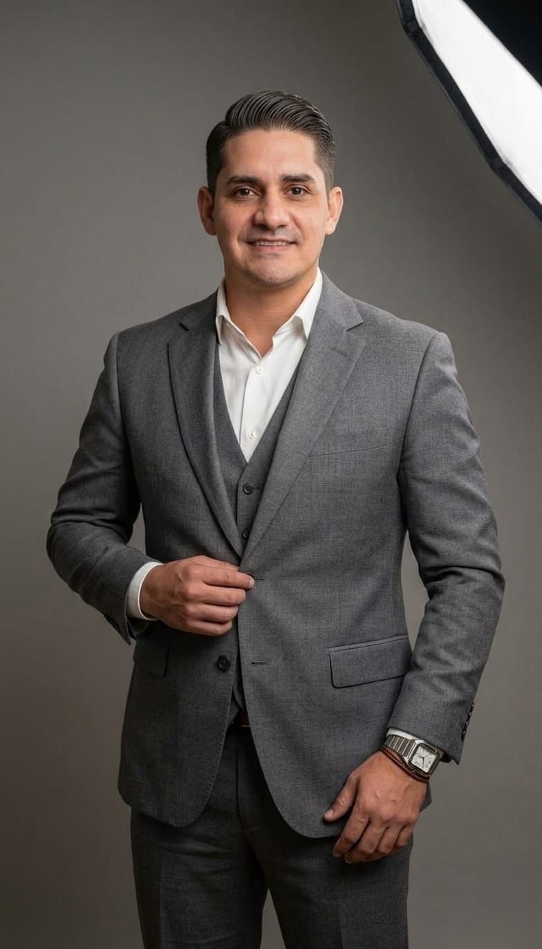 retrato profissional de um homem sorridente de terno cinza com camisa branca, fechando o botão do blazer, com 