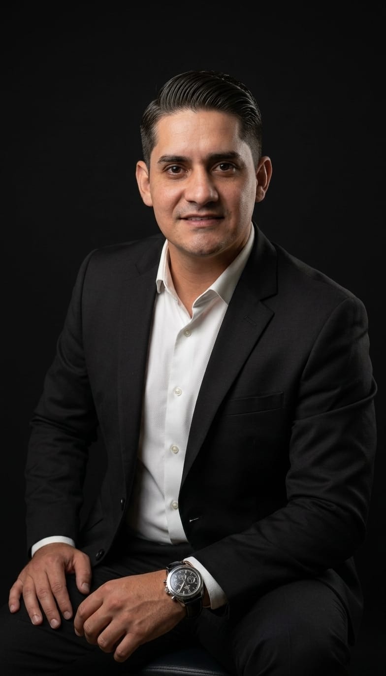 retrato profissional de um homem sorridente de terno preto e camisa branca sobre fundo escuro