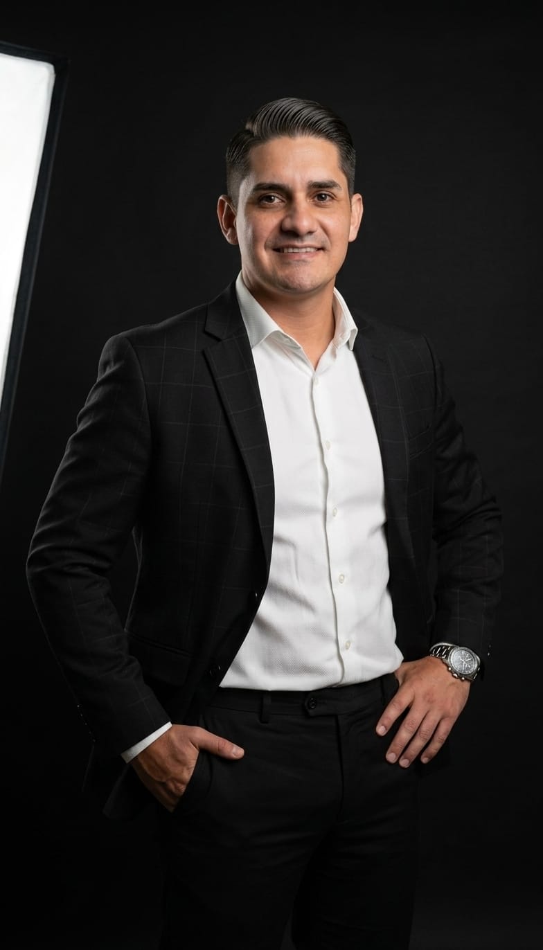 retrato profissional de um homem sorrindo de terno preto xadrez e camisa branca, com fundo escuro de estúdio e