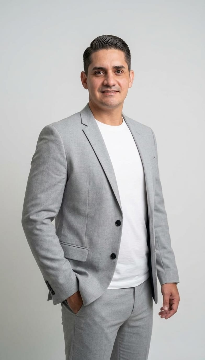 retrato corporativo de um homem sorridente de terno cinza claro e camiseta branca, com a mão no bolso, sobre f